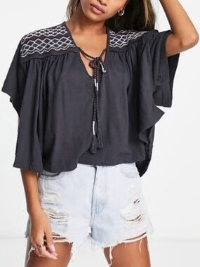 Free People “Market” Boxy Flowy V-neck Top in Washed Black with Embroidery